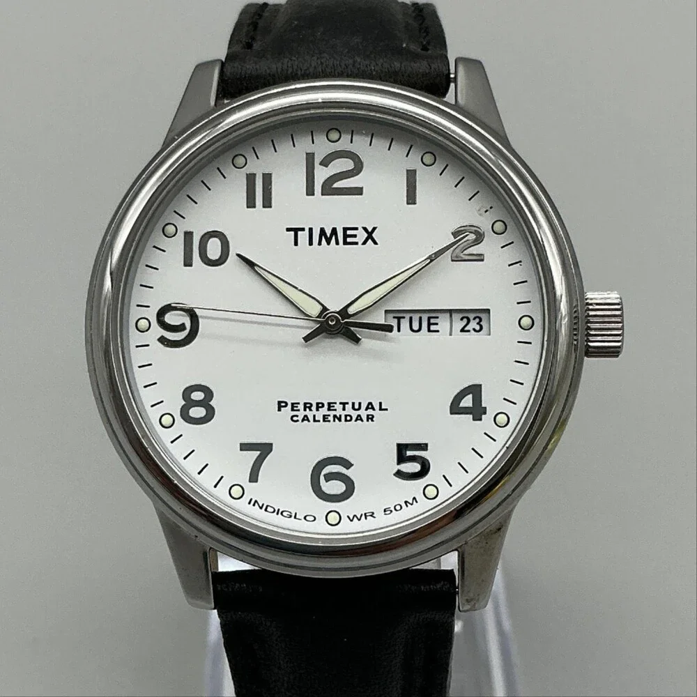Timex Perpetual Calendar Mens Watch 37mm Silver Tone Leather Indiglo New Batt